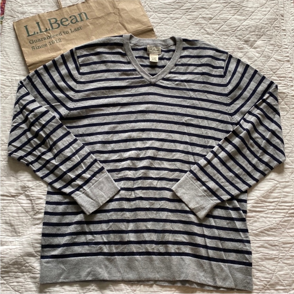L.L. Bean Men's Navy Striped V-Neck Sweater